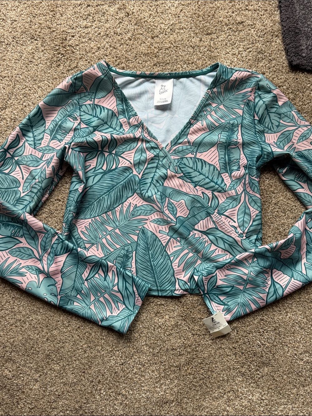 art class Pink & Teal Palm-Print Wrap Long Sleeve Top